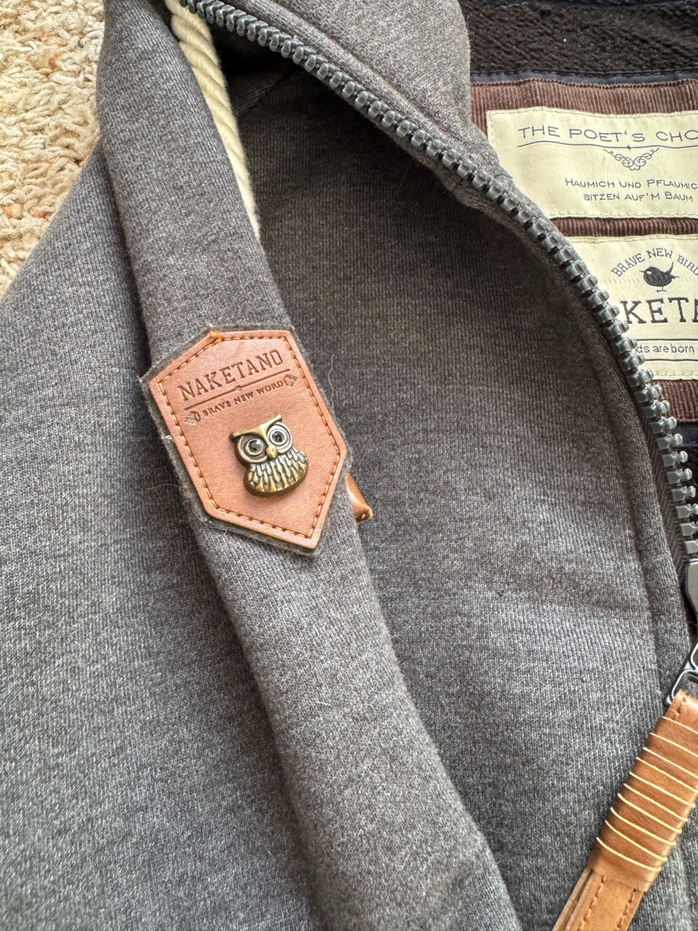 Naketano Dark Charcoal Gray Zip-Up Hoodie Brave New Bird Contrast Drawstring Med - Picture 7 of 8